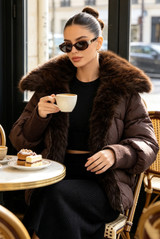 Faux Fur Trim Puffer Jacket With Ribbed Cuff