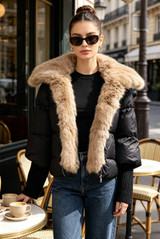 Faux Fur Trim Puffer Jacket With Ribbed Cuff