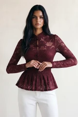 Lace Mandarin Neck Peplum Blouse