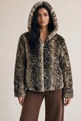Deer Print Hooded Faux Fur Jacket
