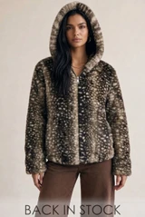 Deer Print Hooded Faux Fur Jacket