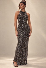 Sequin Cowl Neck Halter Maxi Dress
