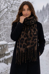 Wool Blend Leopard Print Tassel Scarf