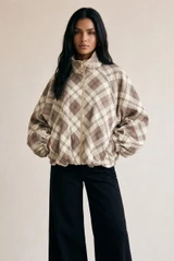 Plaid Check Funnel Neck Jacket