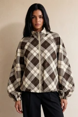 Plaid Check Funnel Neck Jacket