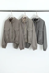 Patch Pockets Gingham Funnel-Neck Jacket 