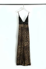 Lace Detail Leopard Satin Maxi Dress