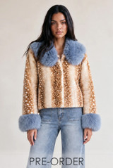Deer Print Faux Fur Jacket With Blue Fur Collar(PRE ORDER)
