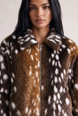 Deer Print Faux Fur Jacket With Collar 