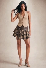 PU Waist Plaid Tiered Skirts