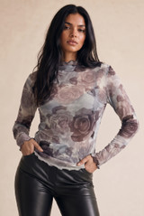 Mock Neck Floral Mesh Top