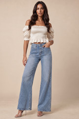 Shirred Satin Short Sleeve Bardot Top