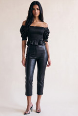 Shirred Satin Short Sleeve Bardot Top
