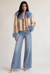Deer Print Faux Fur Jacket With Fur Collar And Cuff