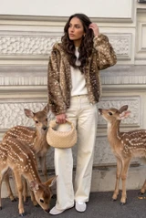 Hooded Deer Print Faux Fur Jacket 