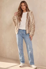 Hooded Deer Print Faux Fur Jacket 