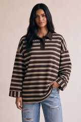 Oversized Striped Long Sleeve Polo Neck Top