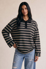 Oversized Striped Long Sleeve Polo Neck Top