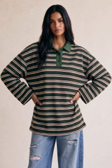 Oversized Striped Long Sleeve Polo Neck Top