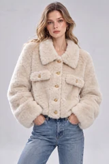 Faux Fur Jacket With Gold Button Detail