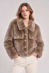 Faux Fur Jacket With Gold Button Detail