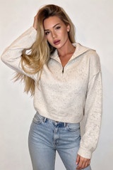 Sequin Trim Zip Collar Knit Jumper
