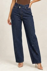 Embellished Cross Over Waist Wide Leg Jeans 