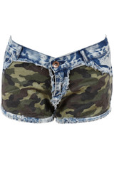 Camouflaged Front Denim Stripped Detail Shorts