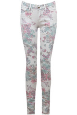 Cream With Pink Flower Print Detail Jeans