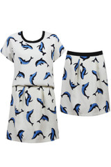 Blue & Cream Dolphin Print Pleated Skirts