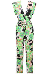 Green Flower Print Cross Over Detail Belted Jumpsuit