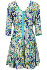 Blue & Green Floral Print 3/4 Sleeve Flared Dress