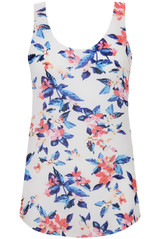 Cream & Blue Flower Print Sleeveless Tops