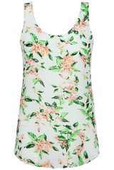 Cream & Green Flower Print Sleeveless Tops