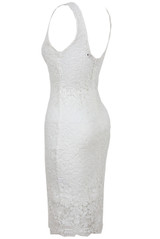 Cream Flower Lace Detail Back Zip Up Lined Bodycon Dress