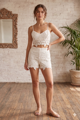 Cream Lace Flower Top & Shorts Set