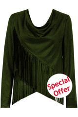 Khaki Cowl Neck Faux Suede Fringe Tops