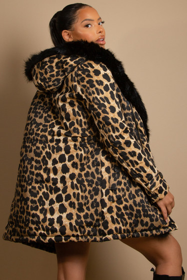 Leopard Parka Coat with Fur Hood Lining 