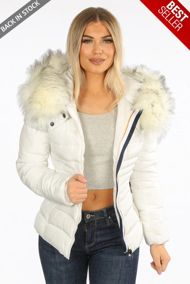 womens puffer coat with fur hood and belt