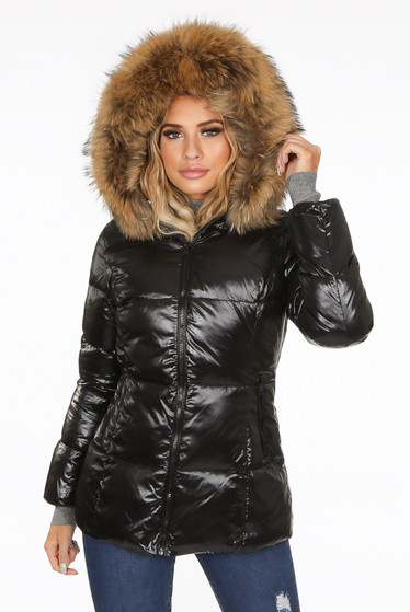 shiny puffer jacket with fur hood