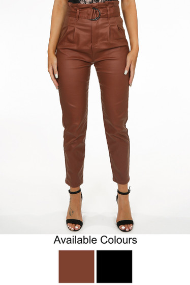 PU Wet Look Belted Trousers - Buy 