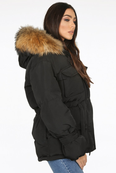 Natural Fur Hood Tie Up Parka Coat - Buy Fashion Wholesale in The UK