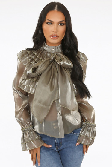 Frilled Front Knot High Neck Blouse 