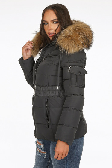 grey padded coat with fur hood