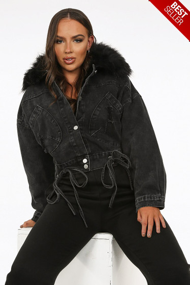 Cropped Denim Blue Fur Trim Jackets 