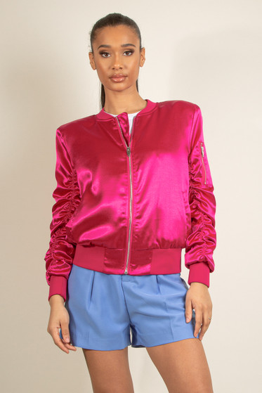 Ruched Sleeve Satin Bomber Jacket- Buy 