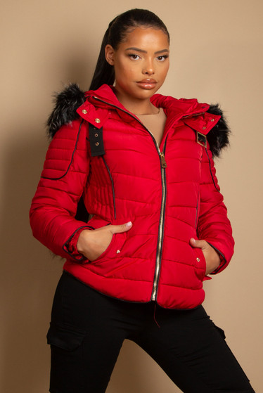 red puffer jacket with fur