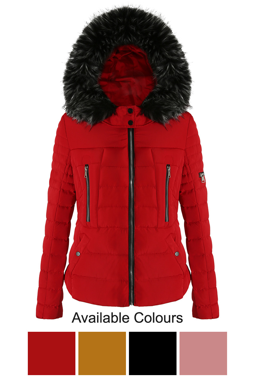 red puffer coat with black fur hood