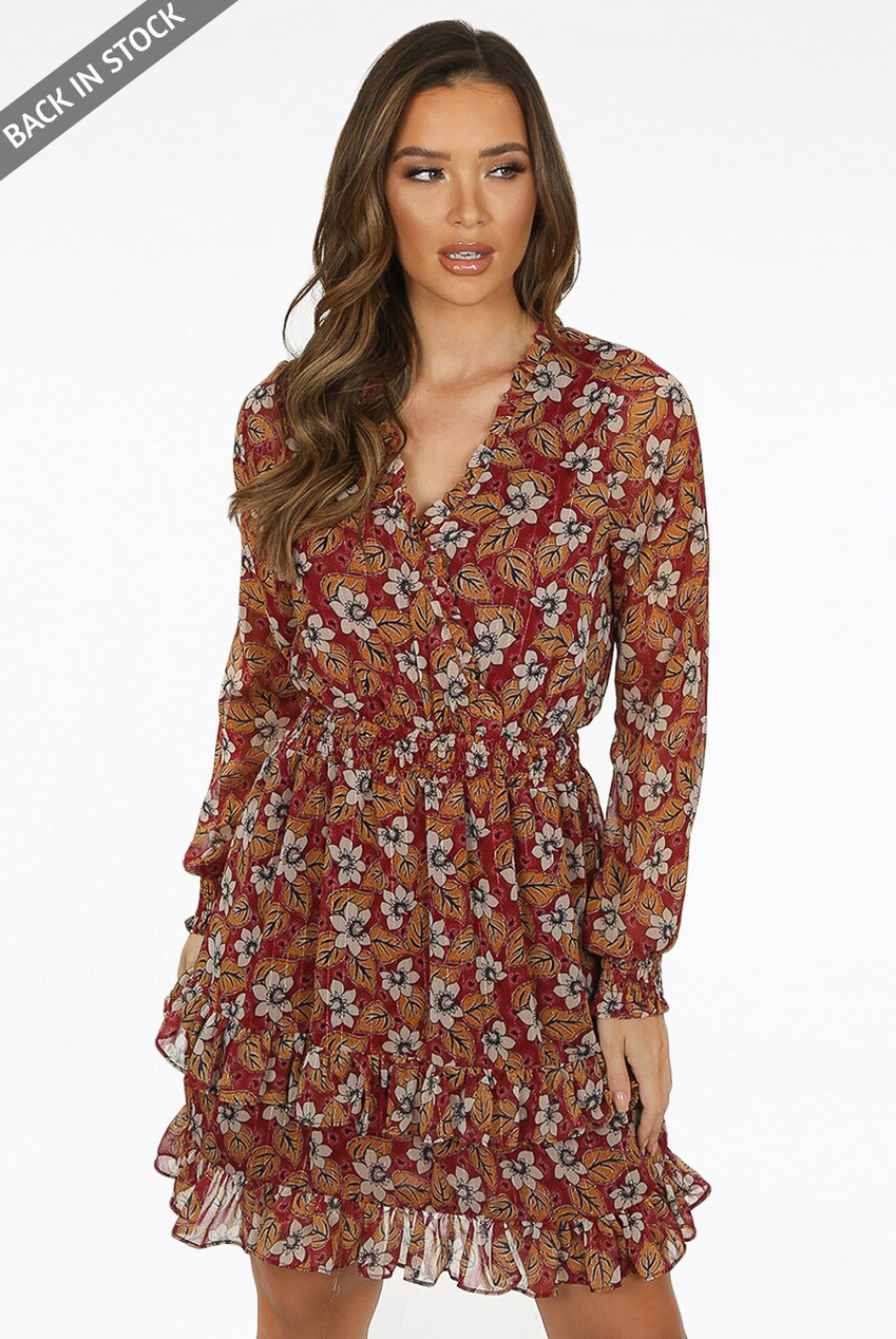 7200079 Black-Orange Floral Tiered Dress