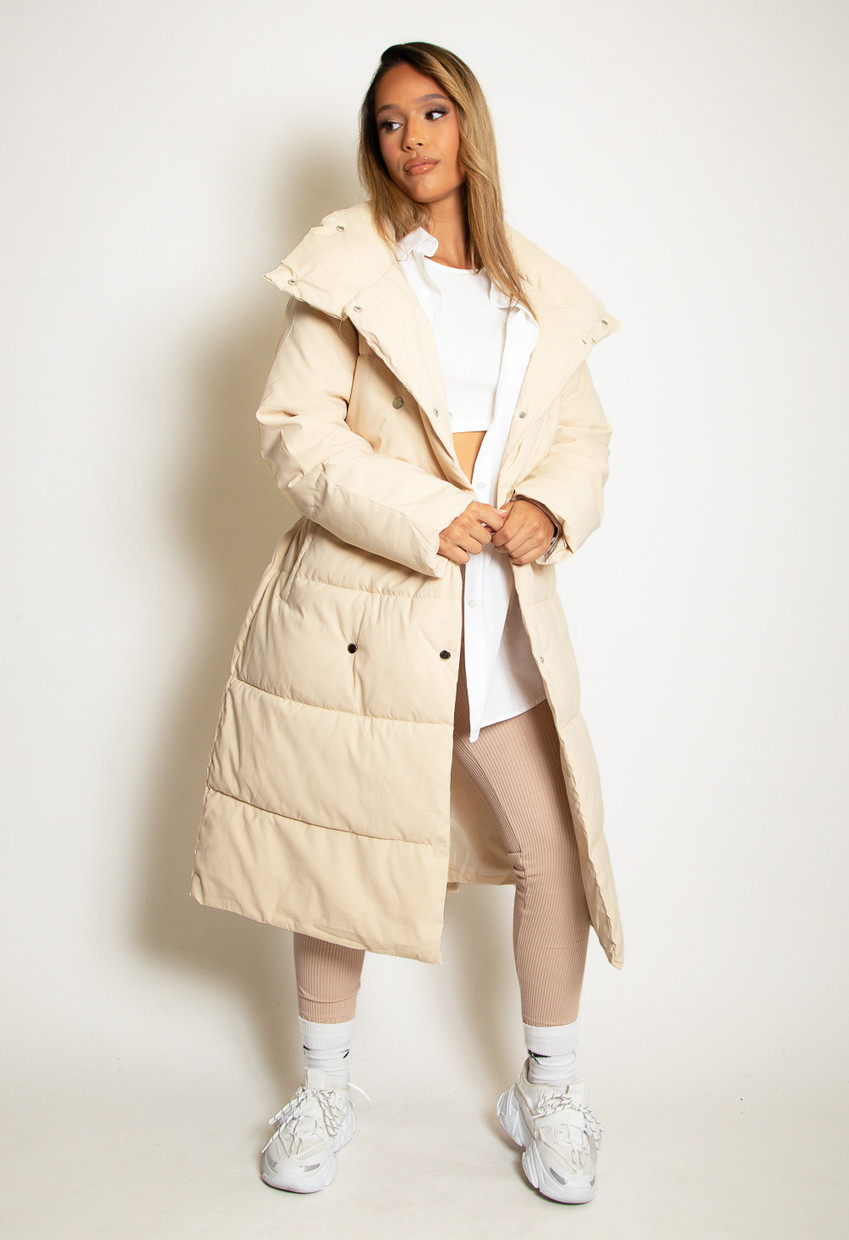Beige Belted Long Puffer Jacket With 